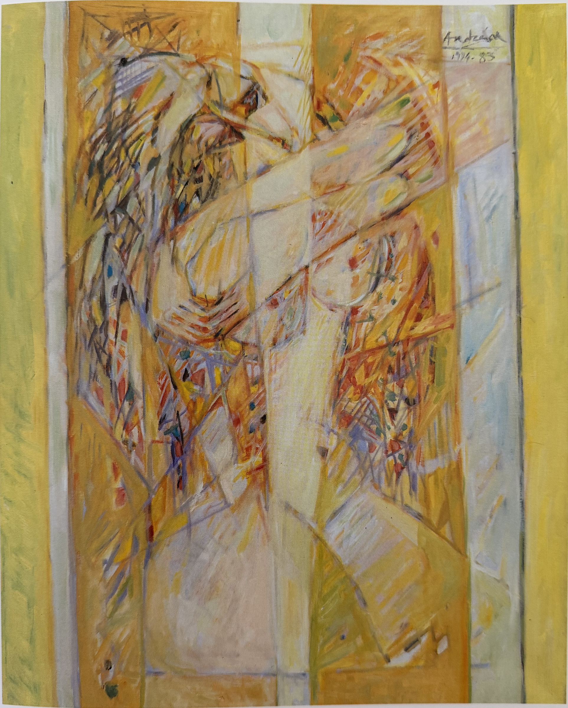 Une figure jaune et des contours superposés, traversés de traits blancs et colorés, avec une bande verticale claire au centre